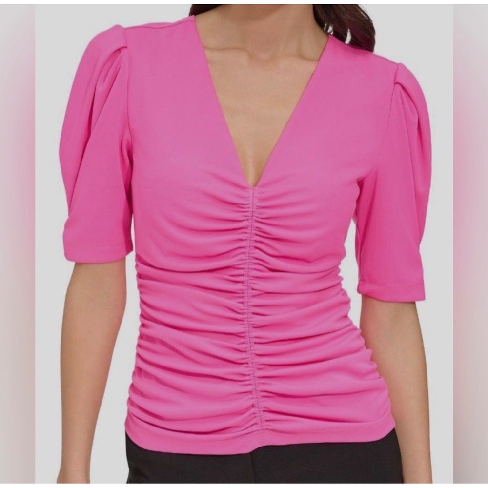 DKNY Women Shocking Pink Ruched V-Neck‎ Puff Sleeve Blouse Small